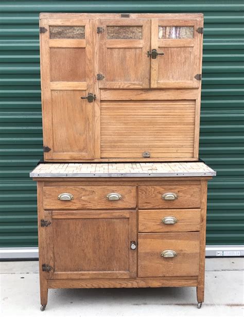 Vintage Antique Hoosier Style Oak Wilson Kitchen Cabinet Slag Glass ...