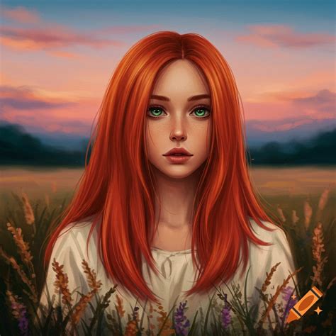Digital painting of a beautiful redhead woman with green eyes, looking ...