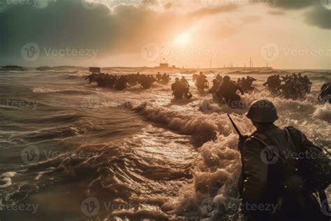 A dynamic impactful image capturing the chaos and bravery of the soldiers storming the beaches ...