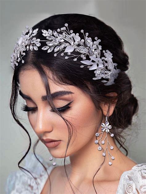 3pcs Rhinestone Flower Decor Bridal Headwear & Jewelry Set | Wedding ...