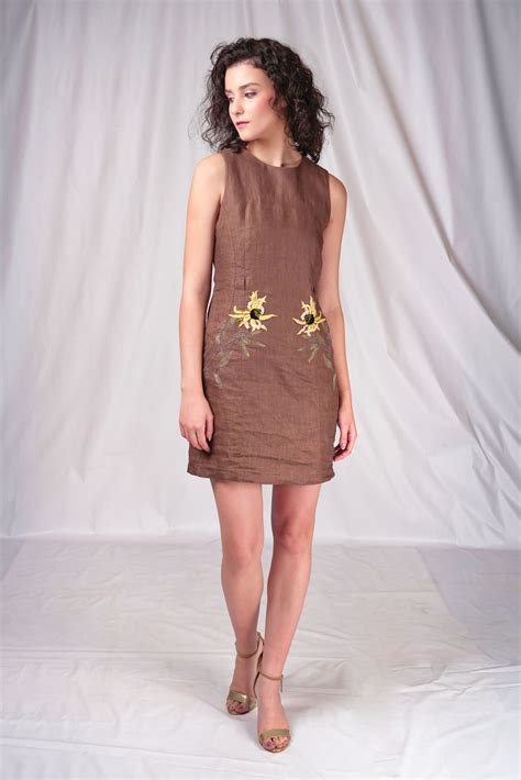 Brown Linen Dress with Floral Embroidery for Women by SeeSa