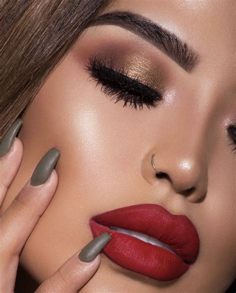 matte red lips and golden smokey eye look by @iluvsarahii | Eye makeup ...