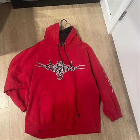 JNCO Men's Red Hoodie top heavy hoodie looks like jnco - Depop
