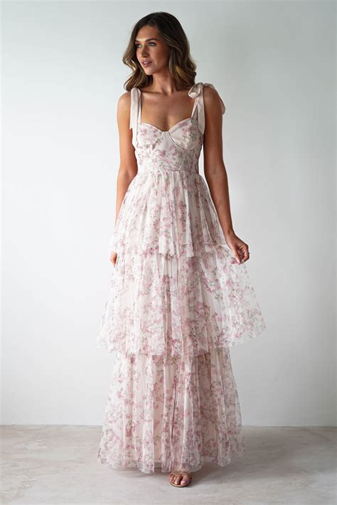 Maribella Tulle Floral Maxi Dress | Cream - L (12) | Pink maxi dress ...