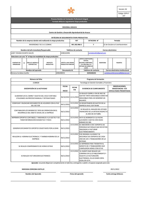Bitacora No 8 Mariana Cordoba - Versión: 02 Código: GFPI-F- 147 Proceso Gestión de Formación ...