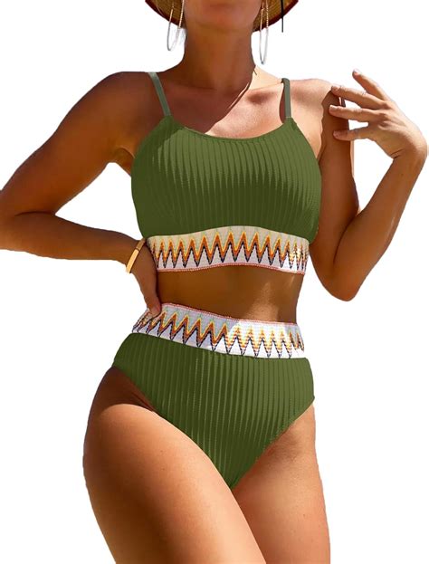Amazon.com: Zuvebamyo Women's High Waisted Swimsuit Two Piece Ribbed ...