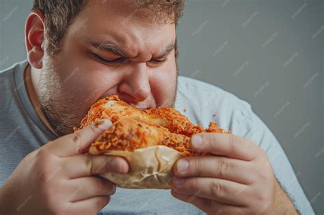 Premium Photo | Fat man eating fried chicken