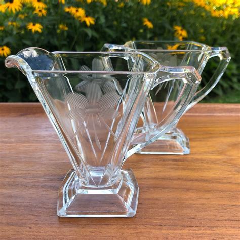 Vintage Glass Creamer & Sugar Art Deco Style Etched Flower Pattern ...