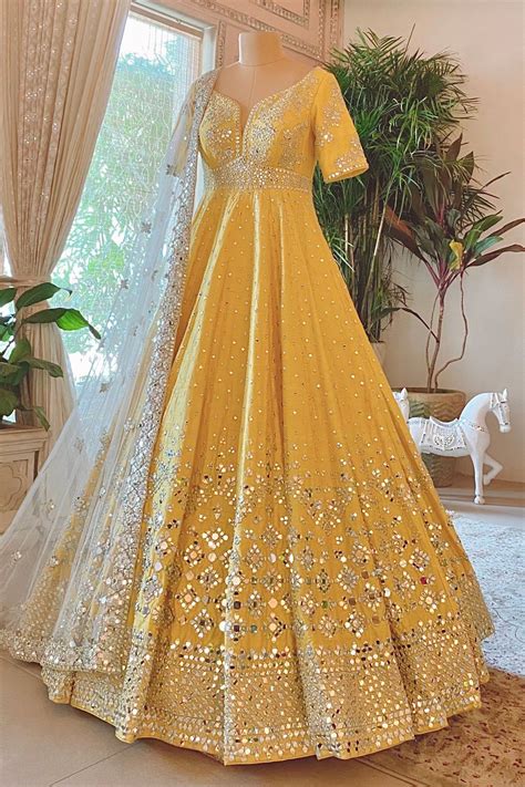 Abhinav Mishra Mirror Embellished Anarkali With Dupatta | Yellow, Leaf ...