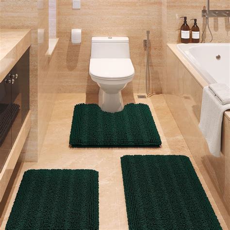 Striped Deep Green Bathroom Rug Set 3 Pieces Gray Ultra Soft, Non Slip ...