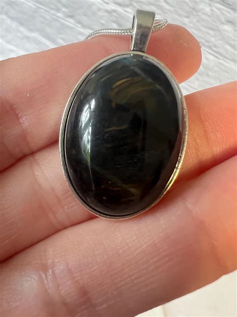 Real Blue Tiger Eye Oval Stone Silver Pendant Necklace - Etsy
