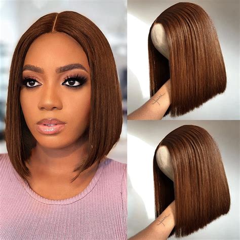 #4 Brown Straight Bob Wigs 150% / 180% Density Human Hair - 4x4 Lace ...