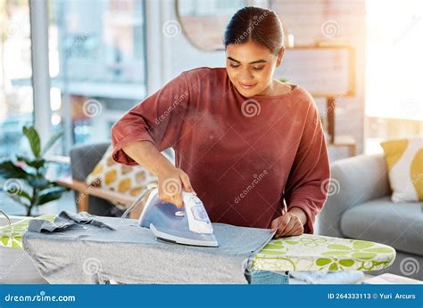 Laundry, Cleaning and Woman Iron Clothes on Ironing Board for Fresh ...