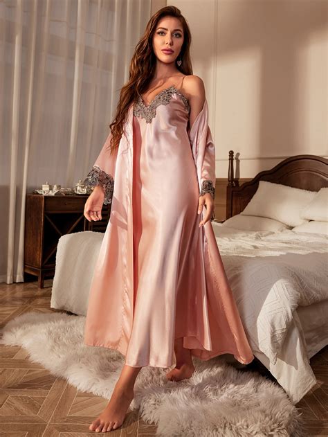 Contrast-Lace-Pajama-Set-Long-Sleeve-Robe-With-Belt-V-Neck-Slip-Dress ...