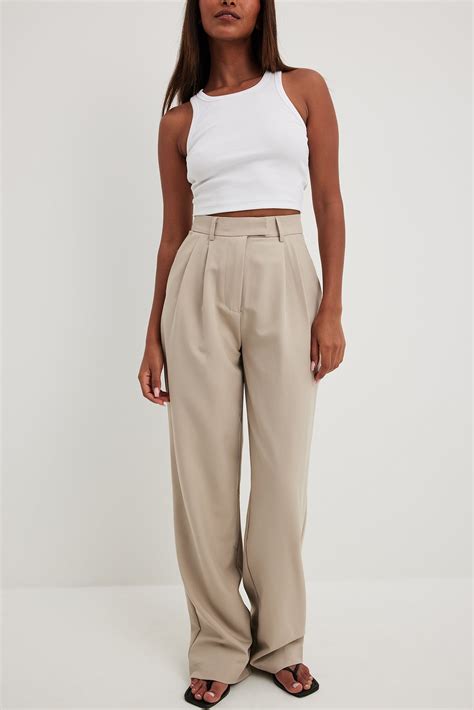 High Waist Pleated Wide Leg Pants Beige | NA-KD
