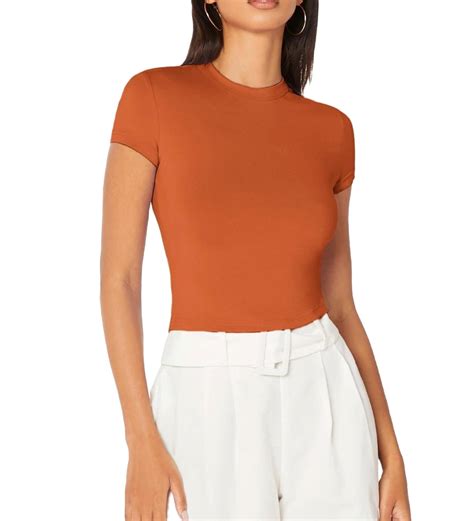 Casual Solid Stand Collar Short Sleeve Burnt Orange Women T-Shirts ...