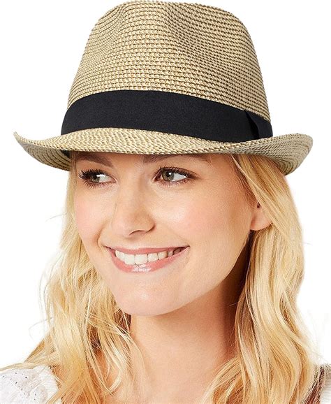 Womens Straw Hat Short Brim Panama Fedora Beach Sun Trilby Hat for ...