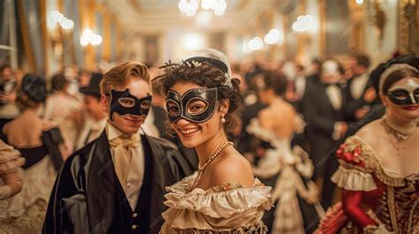Elegant Masquerade Ball in Grand Hall with Guests in Venetian Masks and Vintage Costumes ...