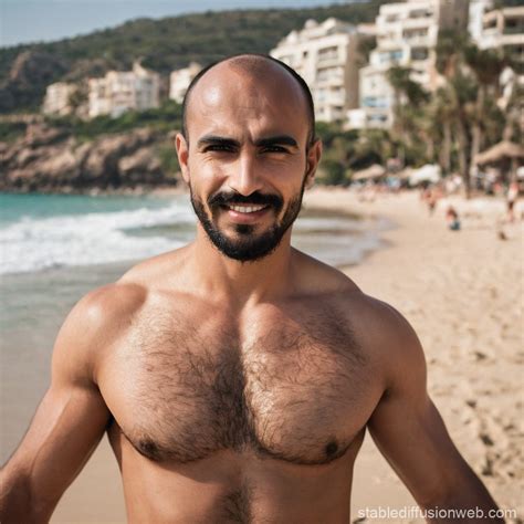 Hairy Balding Man at the Beach | Stable Diffusion Online