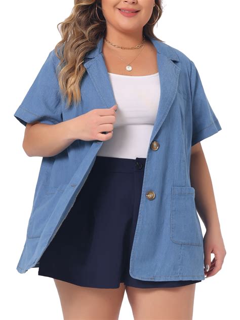 Unique Bargains Women Plus Size Denim Shirt Short Sleeve Button Down ...
