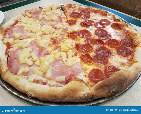 Hawaiian and Pepperoni Pizza with Ham and Pineapple Stock Image - Image ...