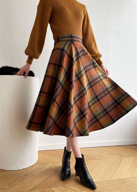 Plaid Wool Midi Skirt Women Plaid Skirt Wool Circle Skirt - Etsy