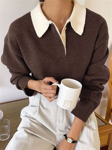 Contrast Collar Drop Shoulder Jumper | Contrast outfit, Half sweater ...