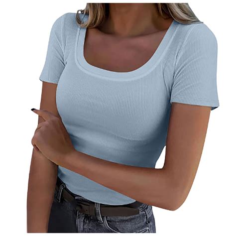 Wangmeiwg Womens Summer Short Sleeve Tops Square Neck Ribbed Slim ...