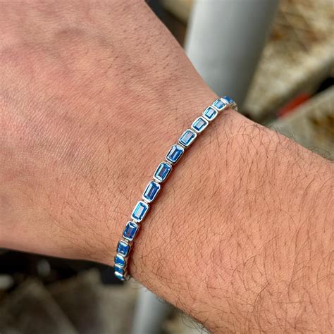 Silver Aquamarine Tennis Bracelet, Men Aqua Tennis Bracelet, Silver ...
