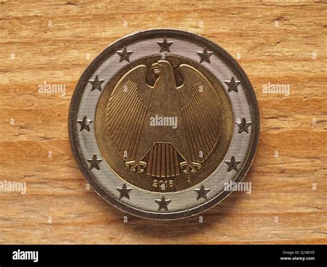 two euro coin, German side showing the federal eagle emblem, currency of Germany, European Union ...