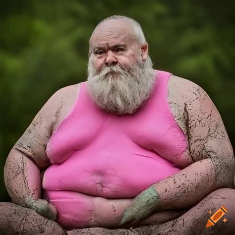 Fat old obese man bearded grandpa pink leather sitting in blue mud on ...