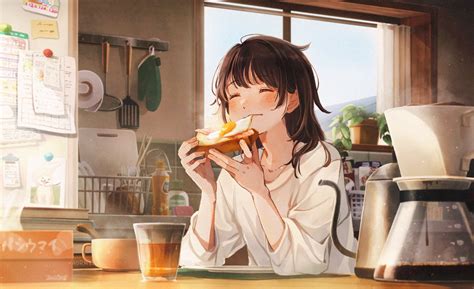 Hình nền : Anime cô gái, cà phê, trứng, đôi mắt nhắm 1968x1200 ...