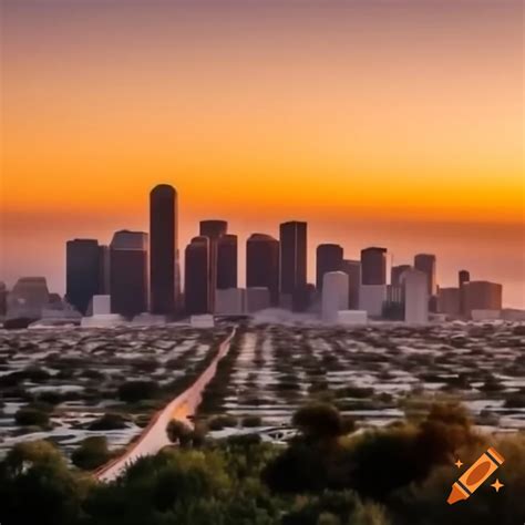 Los angeles city skyline at sunset with sun on the horizon on Craiyon
