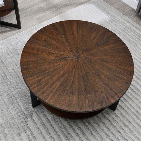 JESONVID 35" Round Coffee Table, Solid Wood Coffee Table with Storage ...