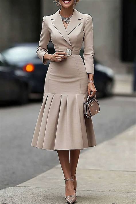 Beige Work Business Blazer Dress Lapel Belt Pleated Mermaid Midi ...