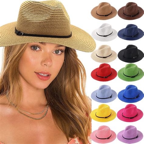 Straw Sun Hats for Women Men Panama Fedora Summer Hat with Leather Belt ...