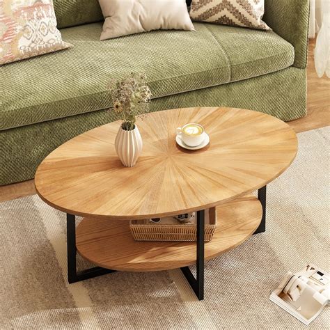 Solid Wood Oval Coffee Table with Cross Metal Legs, 43.3in Modern ...