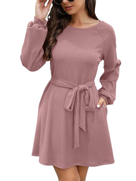 SHIBEVER Women Long Sleeve Fall Dresses 2024 Crewneck Tie Waist A-Line ...
