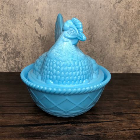 Vintage Westmoreland Large Blue Opaline Milk Slag Glass Nesting Chicken ...