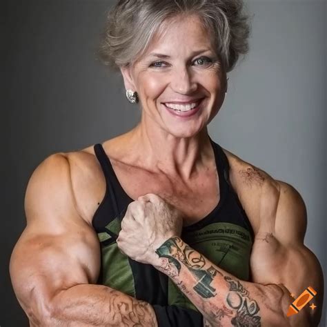 Portrait of a mature female bodybuilder in sleeveless army uniform on ...