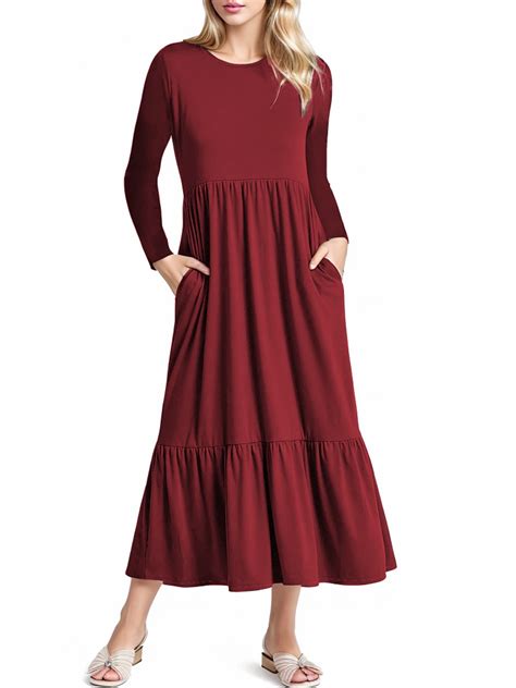 Mengpipi Women's Fall Dress Casual Long Sleeve Crew Neck Dress Tiered ...