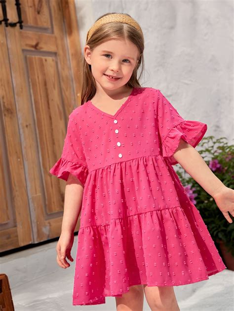 Hot Pink Cute Collar Half Sleeve Woven Fabric Plain Smock Embellished ...
