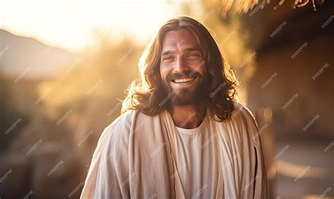 Premium Photo | Jesus Christ with long hair and a beard smiles at the ...