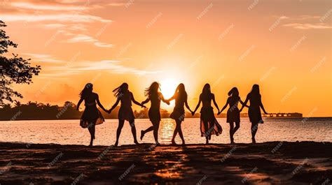 Premium Photo | Silhouette of a group of girls on a beach at sunset holding hands walking along ...