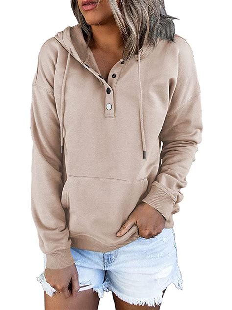 Amoretu Women Hooded Pullover Sweatshirts with Buttons Loose Tops ...