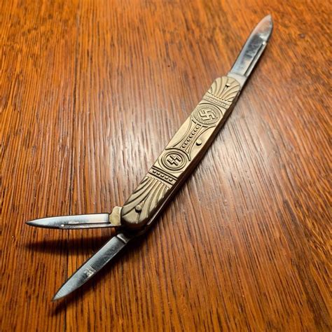Bronze Nazi Pocket Knife Swastika SS Bolts German 3-Blade Folding Repro ...