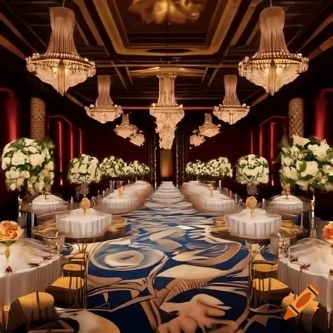 Lavish grand ballroom with chandeliers and floral arrangements in ...