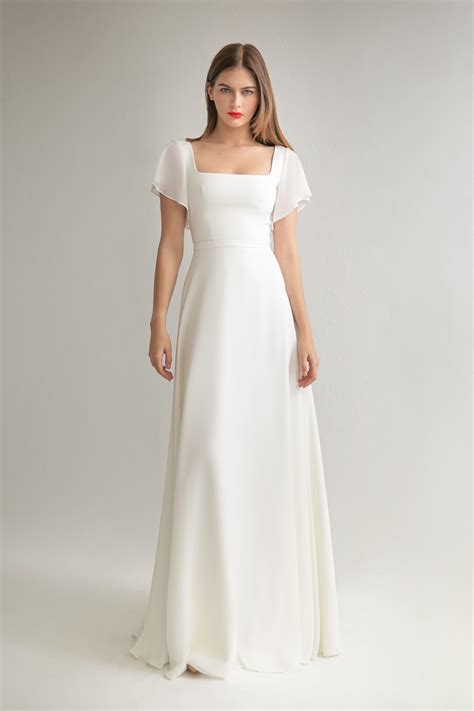 Flutter Sleeve Crepe Wedding Dress Edda: Simple A-line Chiffon Gown ...
