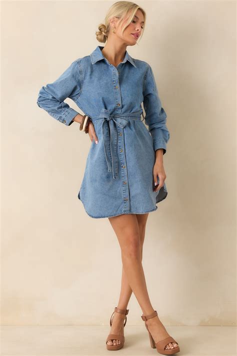 Light Wash Cotton Denim Long Sleeve Dress - Mini Dresses | Red Dress