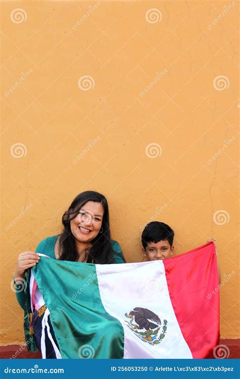 Latin Mexican Mom and Son Show the Flag of Mexico Very Proud of Their Culture and Tradition, To ...